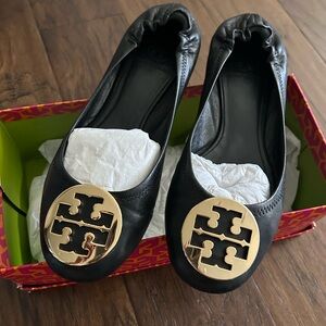 Tory Burch Black Flats with Gold Logo